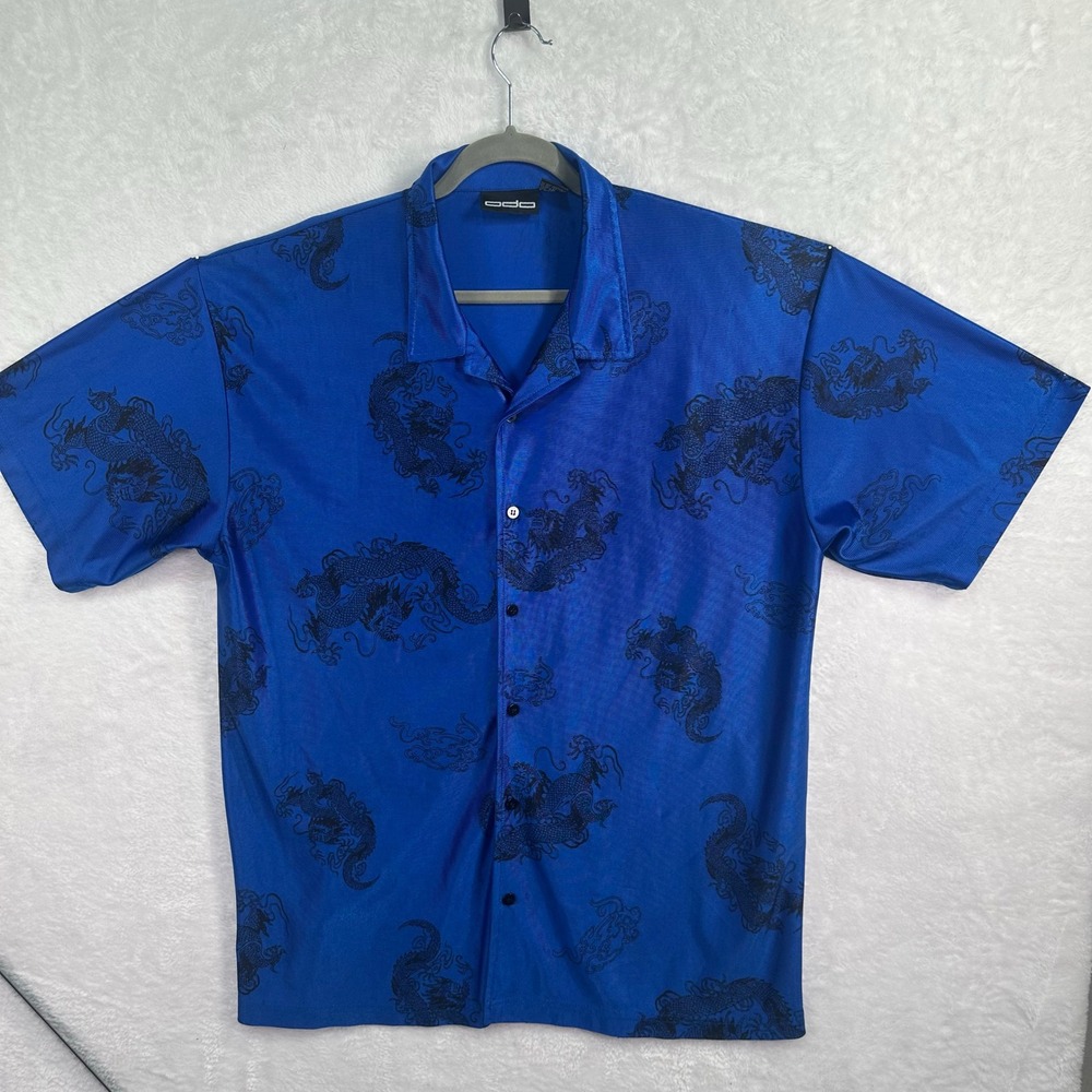 ODO Button Up Shirt Mens XL Blue Dragon Print Short Sleeve Polyester